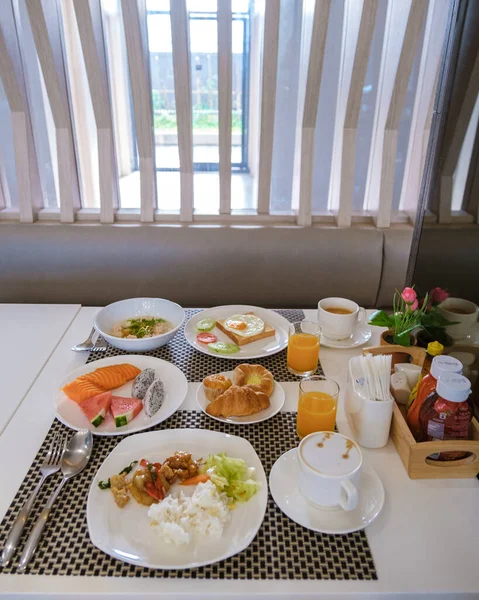 View Simple Breakfast Table Hotel Breakfast Table Bread Eggs Coffee — Stock Photo, Image