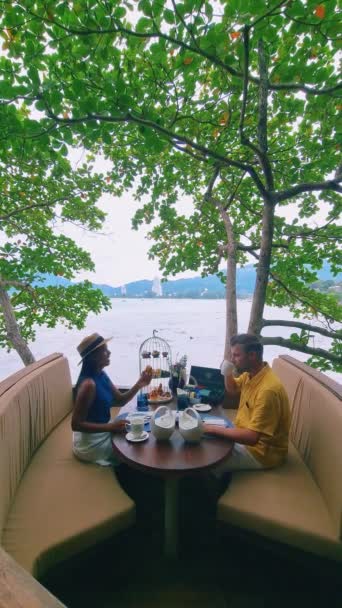 Afternoon Tea Birdnet Trees Tropical Island Phuket Thailand Couple Men — Stock Video