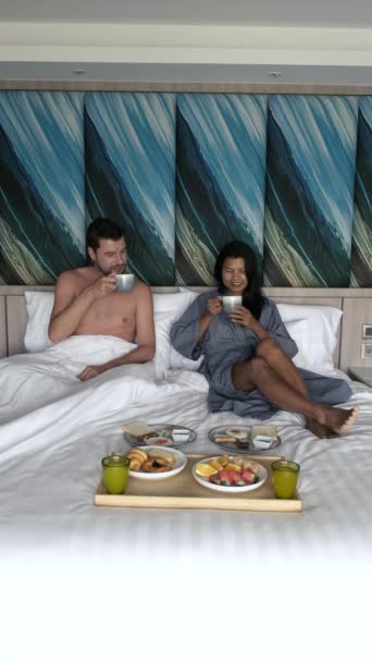 Couple Having Breakfast Bed Caucasian Men Thai Asian Women Having — Stock Video