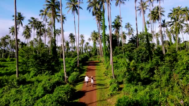 男子和妇女走在泰国国茂岛椰子树之间的路上 热带高茂岛上的巨大棕榈树 — 图库视频影像