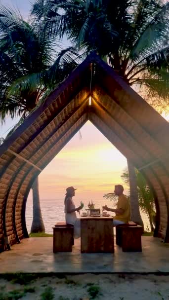Een Paar Mannen Vrouwen Dineren Aan Zee Met Wijn Eten — Stockvideo