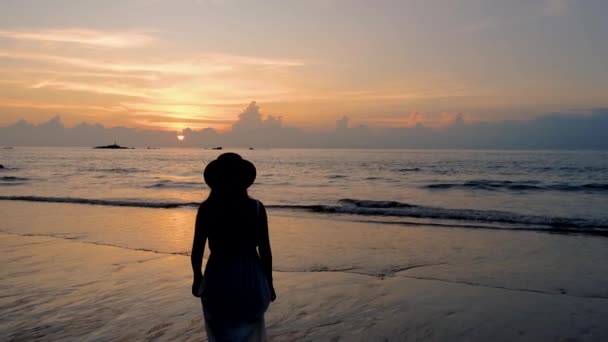 在泰国Khao Lak 亚洲泰国妇女日落时在海滩上散步的轮廓 — 图库视频影像