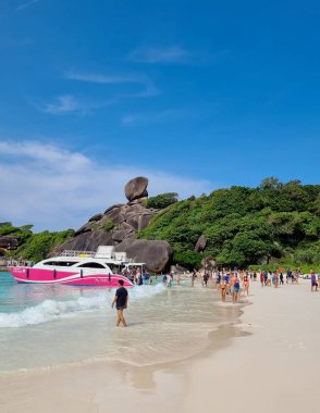 Similan Adaları Phangnga Tayland Kasım 2022, Similan adasında bir tur teknesi olan bir turist.