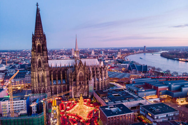 Cologne Germany Christmas market, aerial drone view over Cologne with Cathedral Dom of Cologne