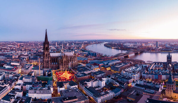 Cologne Germany Christmas market, aerial drone view over Cologne with Cathedral Dom of Cologne