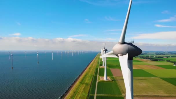 Turbiny Wiatrakowe Morzu Lotu Ptaka Góry Ogromnym Parku Wiatraków Holandii — Wideo stockowe