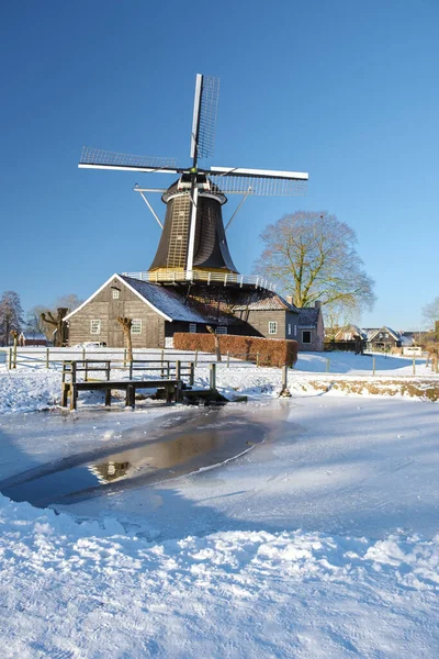 Old Historical Wooden Windmill Snow Netherlands Winter Cold Weather Netherlands Stock Photo