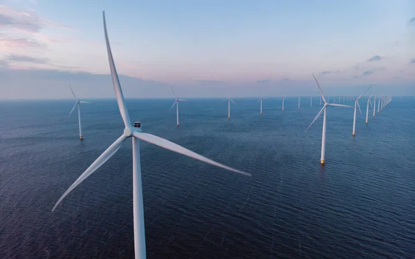 Drone Aerial View Windmill Turbines Sea Blue Sky — Stock Photo, Image