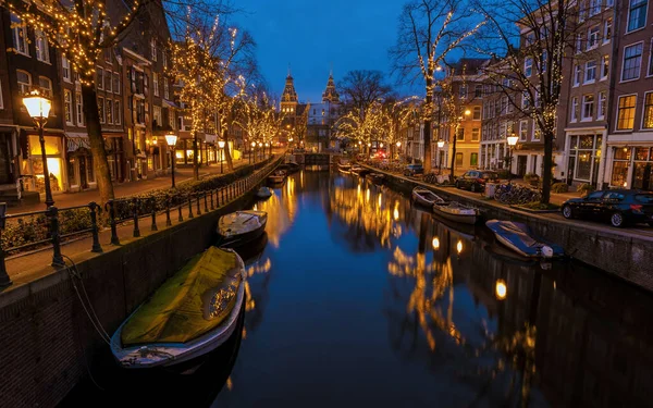 Amsterdam Netherlands Canals Christmas Lights December Evening Canal Historical Center — Stock Photo, Image