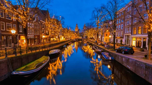 Noël Dans Les Canaux Amsterdam Avec Lumières Noël Décembre Soirée — Photo