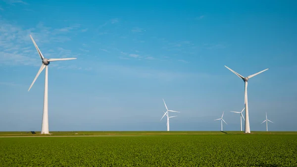 Szélmalom Turbinák Zöld Mezővel Kék Égbolt Zöld Energia Koncepció — Stock Fotó