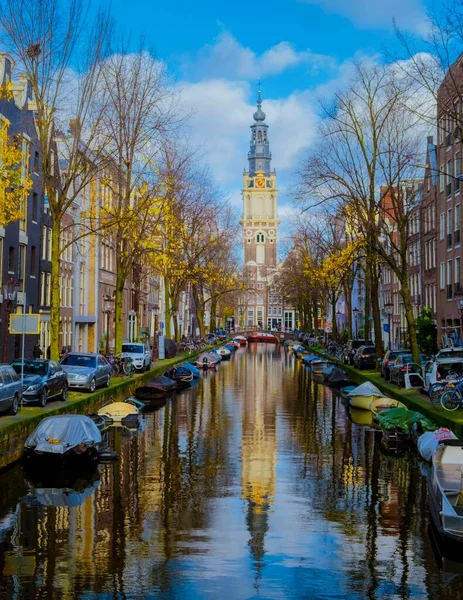 Amsterdam Nederland Grachten Met Lichtinval Avonds December Tijdens Winter Nederland — Stockfoto