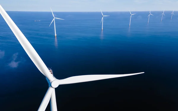 Windmill Turbines Sea Blue Sky Clouds Seen Drone — Stock Photo, Image