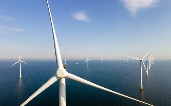Drone Aerial View Windmill Park Windmills Turbines Ocean Blue Sky — Stock Photo, Image