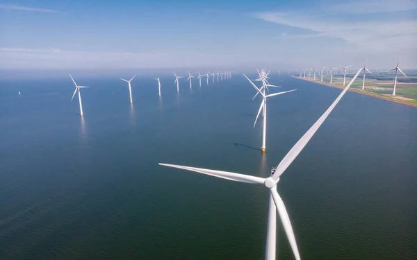 Drone Aerial View Windmill Park Windmills Turbines Ocean Blue Sky — Stock Photo, Image