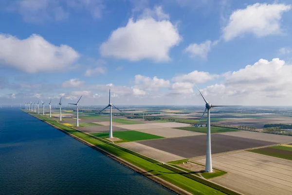 Vista Aérea Drones Parque Moinhos Vento Holanda Com Turbinas Eólicas — Fotografia de Stock