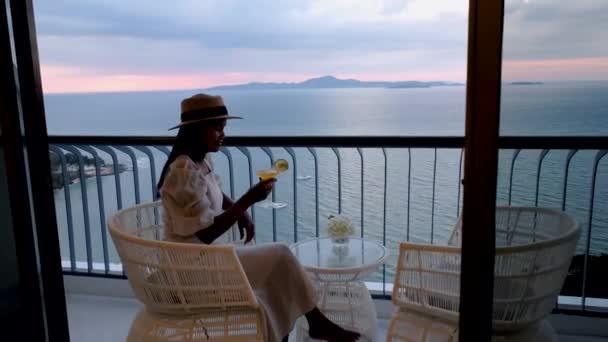Asian Women Were Drinking Cocktails Balcony Hotel Sunset Pattaya Thailand — Stock Video