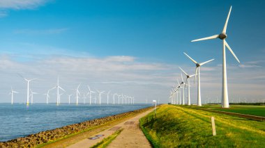Yel değirmeni türbinleri, Hollanda Flevoland Ijsselmeer 'deki rüzgar değirmeni parkında mavi gökyüzü yeşil enerji kavramına sahip elektrik üretir. 