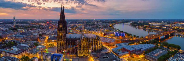 Cologne Germany view at the Dom of Cologne aerial drone view over Cologne rhine river Germany Cathedral at sunset during winter