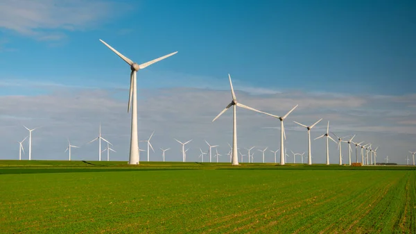 Les Éoliennes Produisent Électricité Avec Concept Énergie Verte Ciel Bleu — Photo
