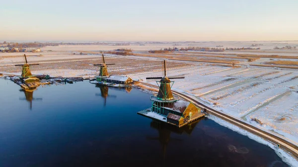 Drone View Zaanse Schans Windmill Village Winter Snow Landscape Netherlands — Stock Photo, Image