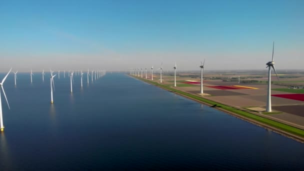 Hollanda Bahar Mevsiminde Yeşil Enerji Üreten Denizdeki Yel Değirmeni Türbinlerinin — Stok video