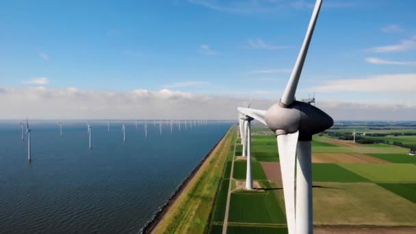 Drone View Windmill Turbines Sea Generating Green Energy Netherlands — Stock Video