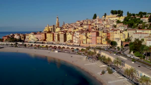 Casco Antiguo Menton Riviera Francesa Francia Drone Vista Aérea Sobre — Vídeos de Stock
