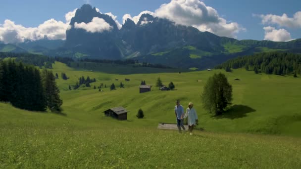 Mladý Pár Mužů Žen Odpočívajících Alpské Louce Dolomitských Alpách Seiser — Stock video