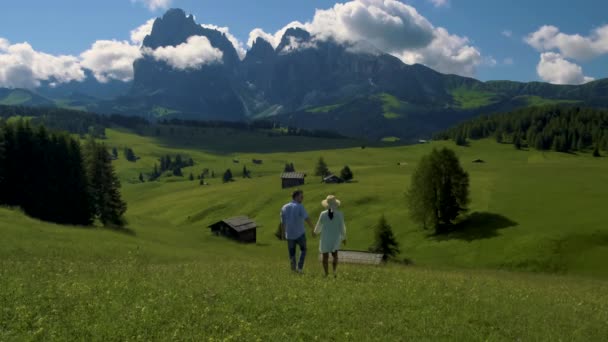 在日出时分 一对年轻夫妇在白云岩高山的高山草甸上休息 他们的名字叫Seiser Alm或Alpe Siusi Trentino Alto Adige或South Tyrol 意大利 — 图库视频影像