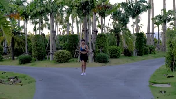 在泰国帕塔亚的一个公园里跑步的亚洲妇女 女子慢跑在绿树成荫的公园里 — 图库视频影像