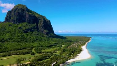 Le Morne plajı Mauritius Tropikal plajı Palmiye ağaçları ve beyaz kum mavisi okyanus tropikal plajı