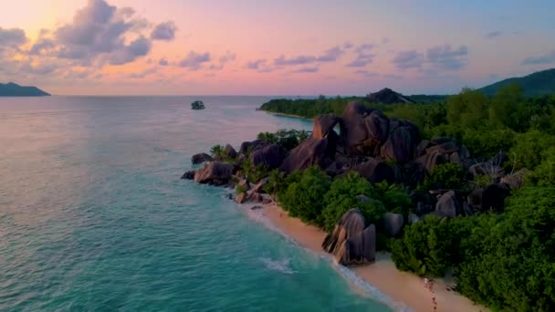 Anse Source Dargent Sahilinde Akşam Batımı Seyşeller Deki Güzel Plajdır — Stok video