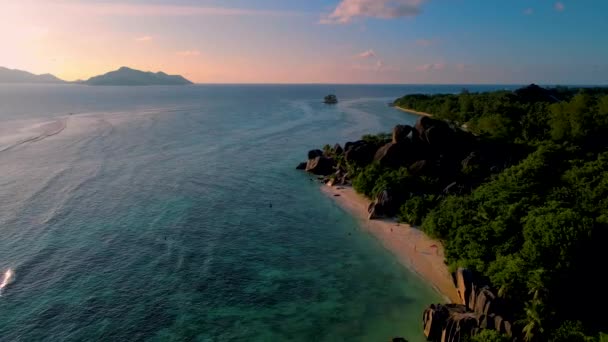 Anse Fonte Dargent Praia Mais Bonita Seychelles Vista Aérea Drone — Vídeo de Stock