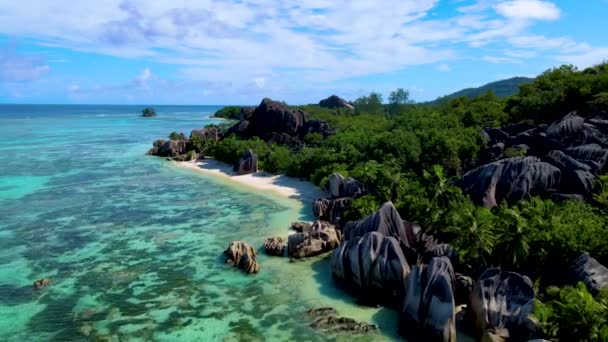 Anse Fonte Dargent Praia Mais Bonita Seychelles Dia Ensolarado Ilha — Vídeo de Stock