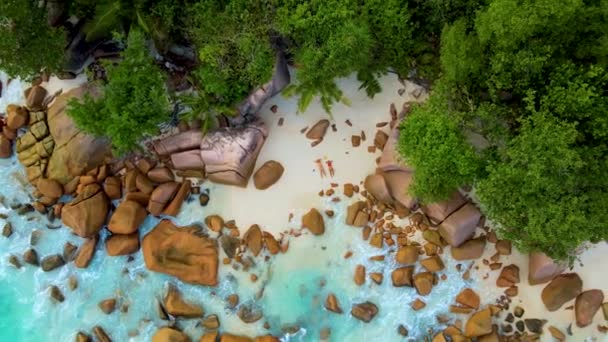 Drone View Couple Beach Anse Lazio Beach Praslin Island Seychelles — Stock Video