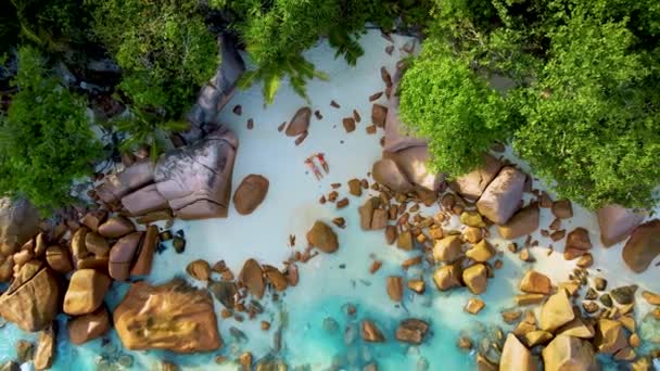 Couple Beach Anse Lazio Beach Praslin Island Seychelles Drone View — Stock Video