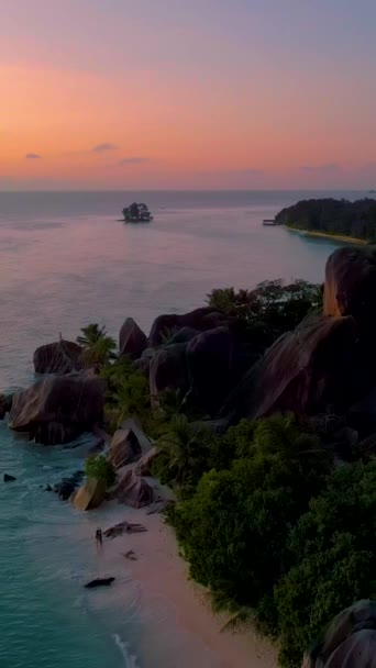Anse Source Dargent Seychelles Sahilinde Gün Batımı Digue Adası — Stok video