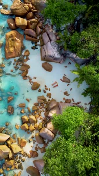 Top View Couple Beach Anse Lazio Beach Praslin Island Seychelles — Stock Video