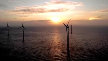 Gün batımında açık deniz yel değirmeni parkı, okyanus manzaralı yel değirmeni parkı rüzgar türbini Flevoland Hollanda Ijsselmeer. Yeşil enerji. 