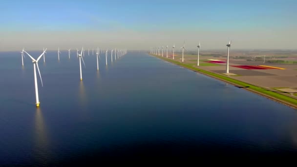 Windmill Park Ocean Aerial View Wind Turbine Flevoland Netherlands Ijsselmeer — Stock Video