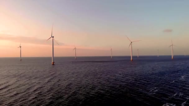 Windmolenpark Bij Zonsondergang Windmolenpark Het Oceaanzicht Met Windturbine Flevoland Nederland — Stockvideo