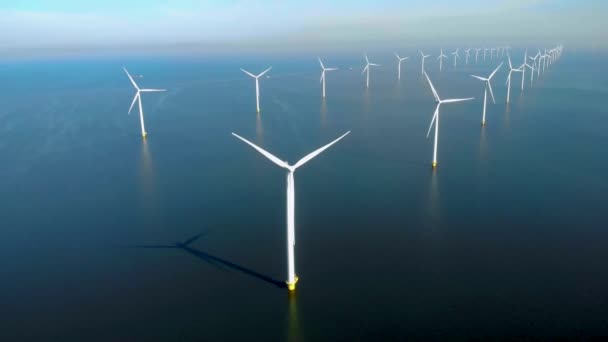 Windmolenpark Oceaanlucht Met Windturbine Windenergie Flevoland Nederland Ijsselmeer Groene Energie — Stockvideo