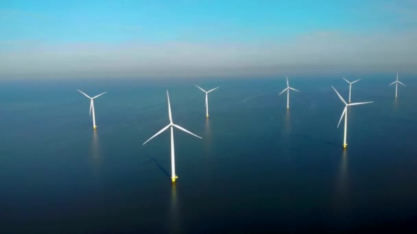 Windmill Park Ocean Aerial View Wind Turbine Wind Energy Flevoland — Stock Video