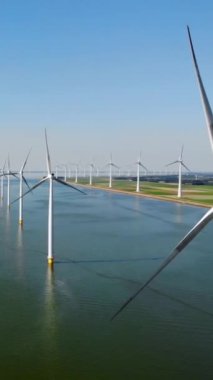 Bulutlu ve mavi gökyüzü olan yel değirmeni parkı, okyanus havası manzaralı rüzgar türbini Flevoland Hollanda Ijsselmeer