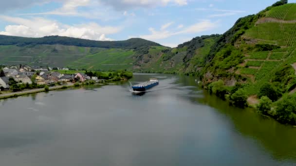 ドイツのモーゼル川を渡る内陸輸送船のガス輸送ベルンカステルの山の中で明るい夏の日に 河岸のガスタンカー — ストック動画