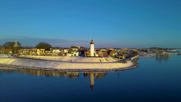 Urk Deniz Fenerinde Kar Yağışı Eski Ada Urk Flevoland Hollanda — Stok video