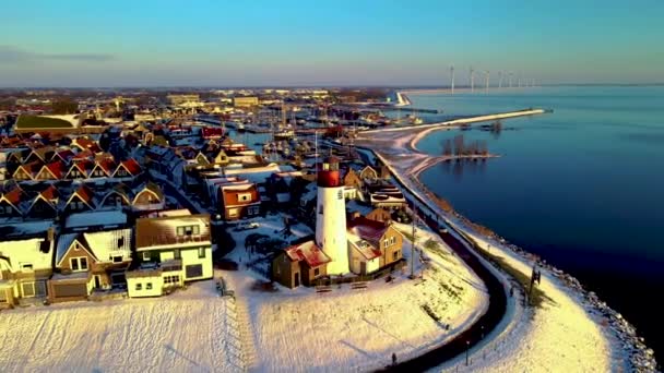 Urk Deniz Fenerinde Kar Yağışı Eski Urk Adası Yakınlarındaki Ijsselmeer — Stok video