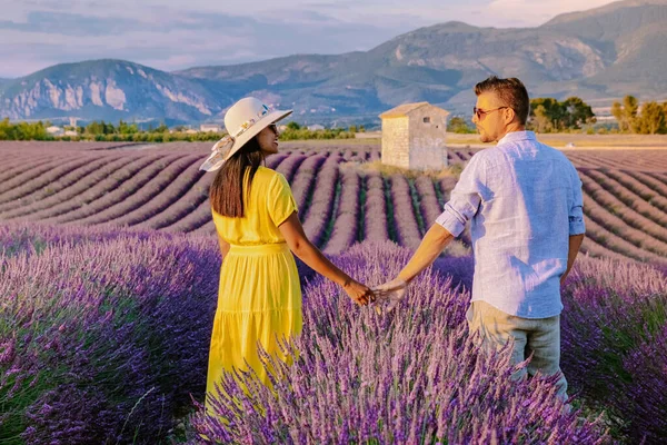 Provence, Lavender field France, Valensole Plateau, a colorful field of Lavender Valensole Plateau, Provence, Southern France.Couple of men and women on vacation in Southern France