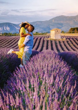 Provence, Lavanta tarlası Fransa, Valensole Platosu, Güney Fransa, Lavanta Provence 'ın renkli tarlası. Lavanta tarlası. Avrupa. Provence lavanta tarlalarında tatilde olan birkaç erkek ve kadın.,